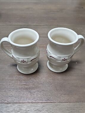 Longaberger Cream Ceramic Pedestal Mugs with Red Accent - Set of 2